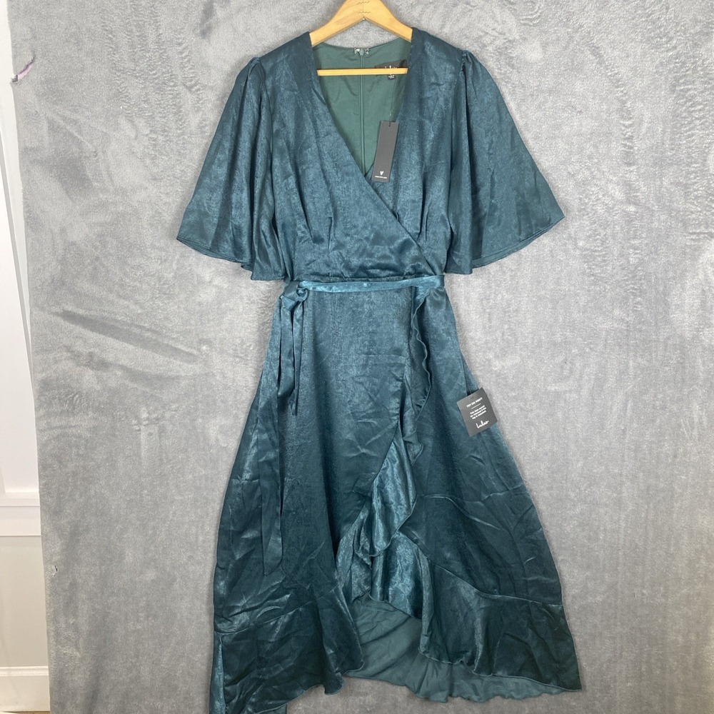 Lulus Wrapped Up In Love Green Satin Faux-Wrap Midi Fairy Provincial Nwt Med